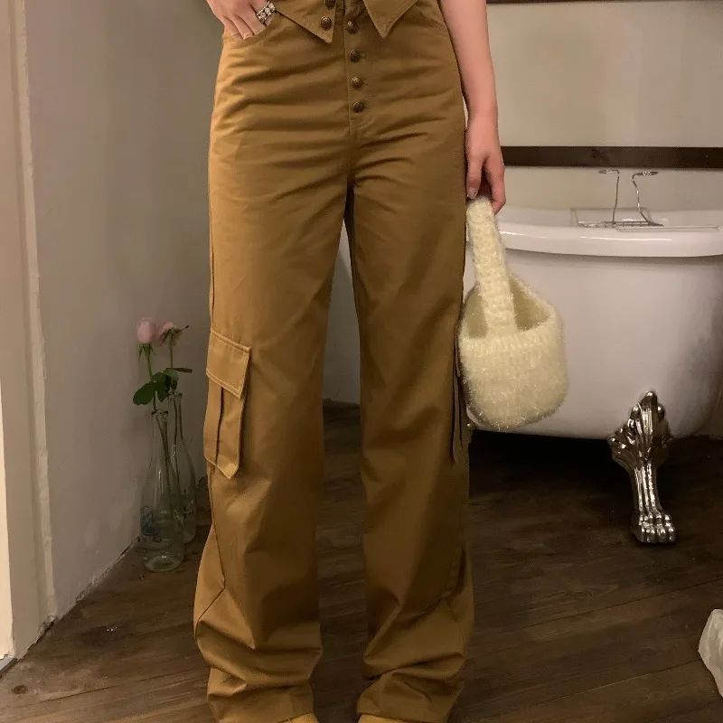 Button Design High Waist Slim Pocket Wide Leg Straight Casual Pants Pants - Shop at LoveMi