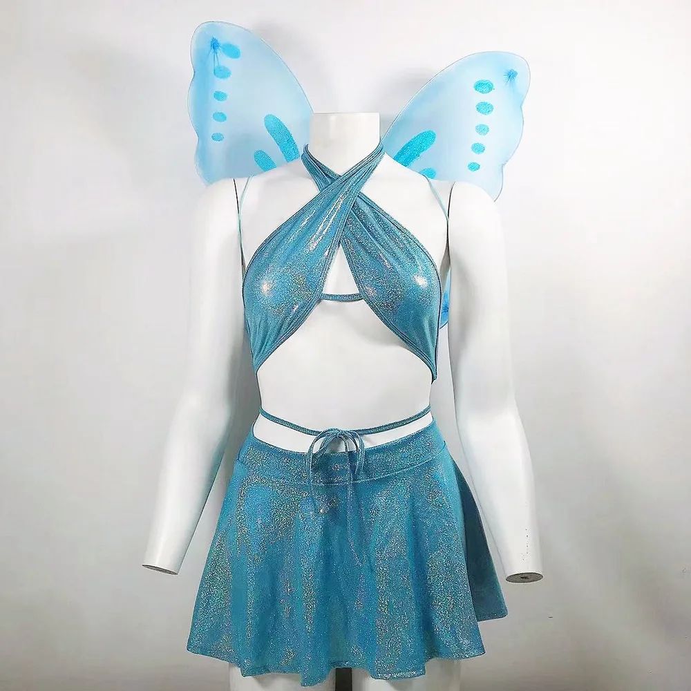 New Sexy Lingerie Cross Straps Halter Skirt Cute Girly Butterfly Sky Blue - Shop at LoveMi