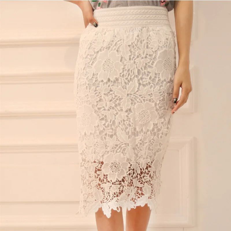Elastic Waist High Waist Skirt Mid length Milk Silk Hollow out Lace Skirt White - Shop at LoveMi