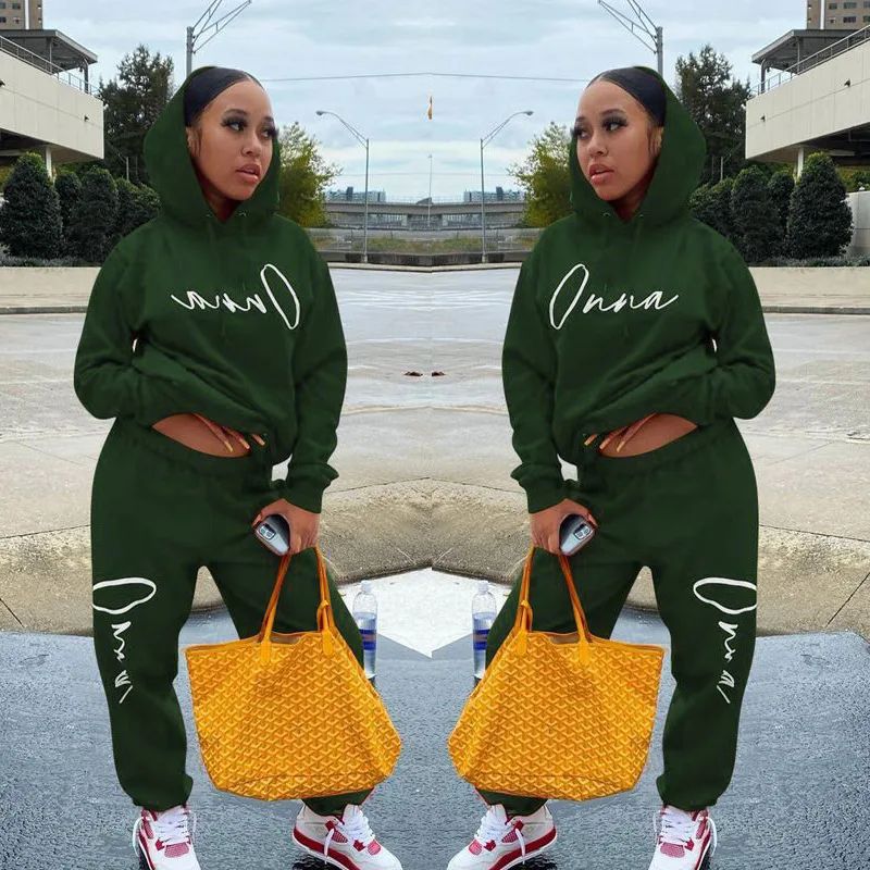 European And American Fashion Women's Wear Drawstring Printed Hooded Long Sleeve Trousers Two piece Set Green - Shop at LoveMi