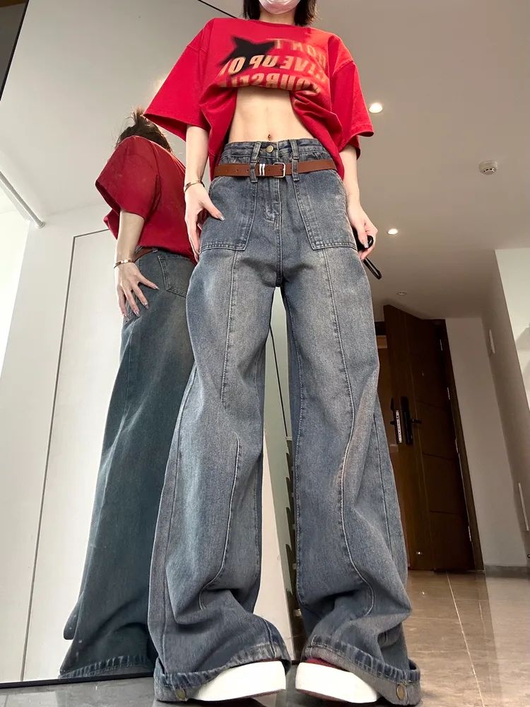 Washed Vintage Straight Leg Jeans Female Blue - Shop at LoveMi