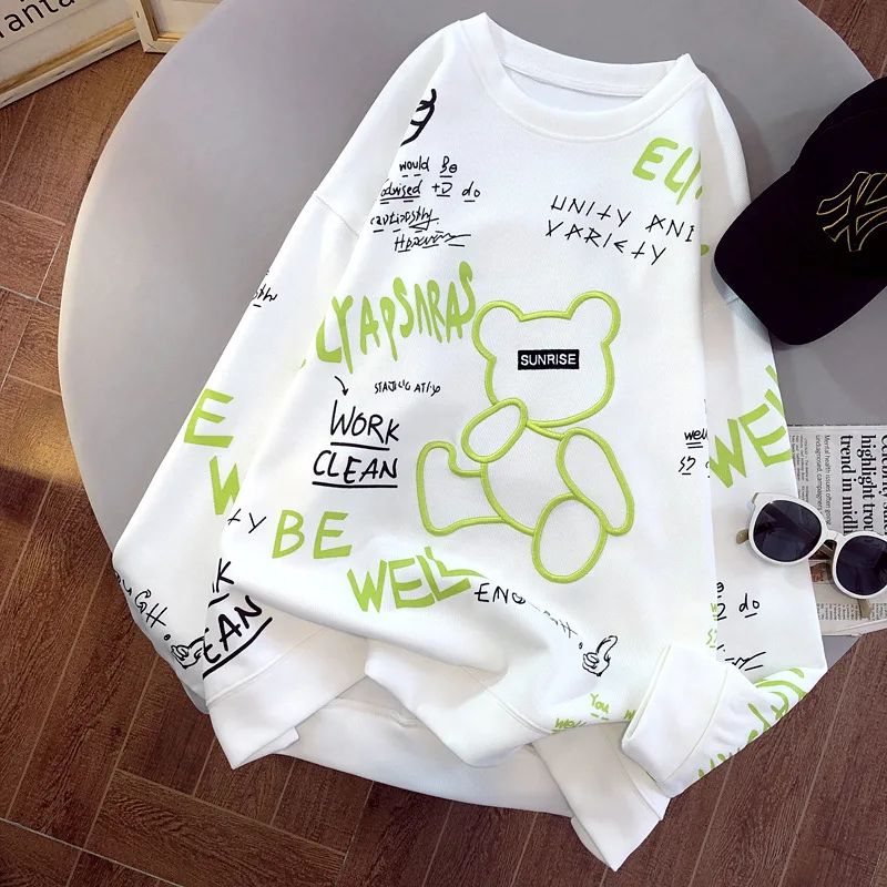 Cartoon Long Sleeve T shirt Women's Thin Sweater Loose National Fashion Top Bottoming Shirt White - Shop at LoveMi