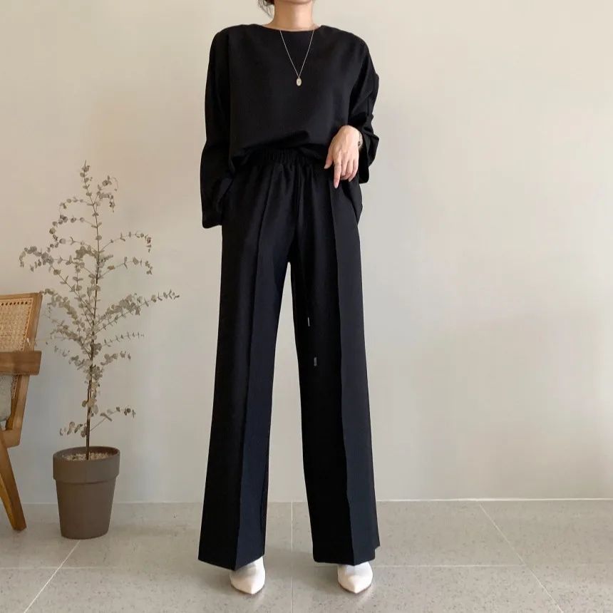 Long Sleeve Top High Waist Straight Wide Leg Casual Pants Two piece Set Black Suit - Shop at LoveMi