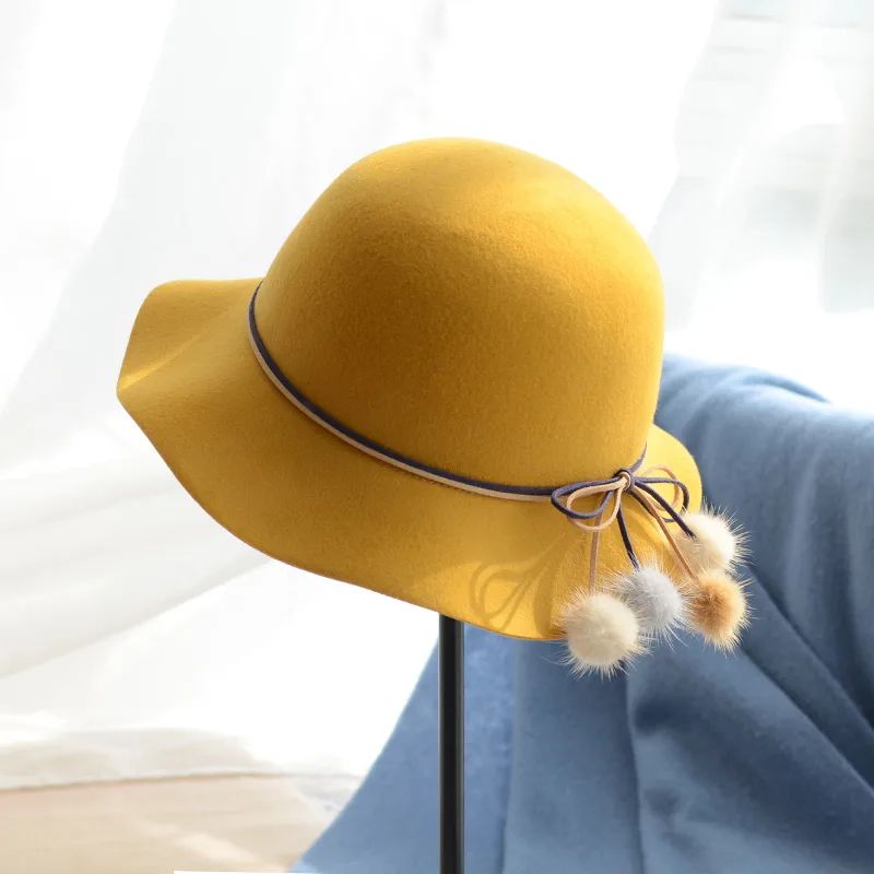 Woolen Warm Fisherman Hat Korean All matching Basin Hat Lady Felt Cap Mink Fur Ball Billycock Sunset Yellow - Shop at LoveMi