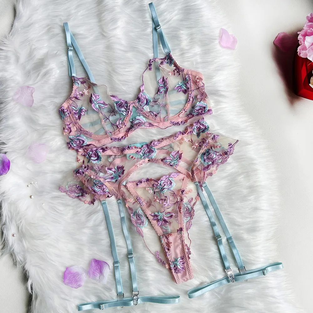 Women's Machine Embroidery Stitching Lace up Sexy Lingerie Set Purple - Shop at LoveMi