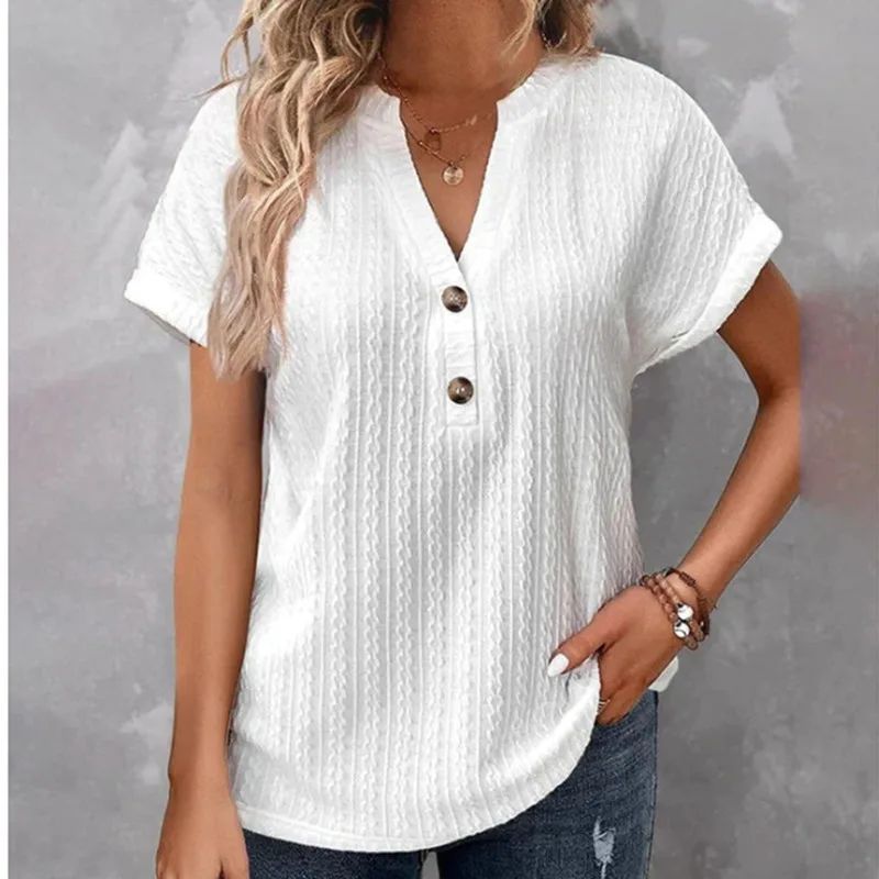Women's Batwing Sleeve Solid Color And V neck Button T shirt White - Shop at LoveMi