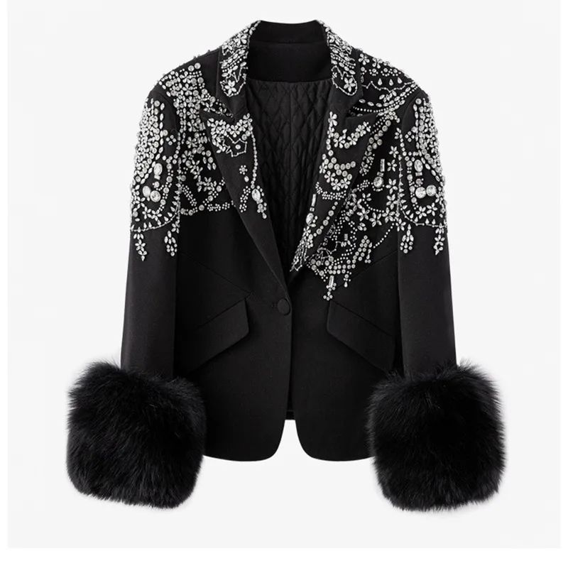 One Button Long Sleeve Suit Collar Exquisite Rhinestone Decorative Black Plush Cuffs Slim fit Flattering Coat Black - Shop at LoveMi