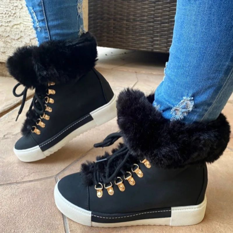 Lace up Boots Cute Thick Sole Heighten Non Slip Snow Shoes Fall Winter Keep Warm Plush Lined Furry Ankle Boots Outdoor Walking Flat Shoes Black - Shop at LoveMi