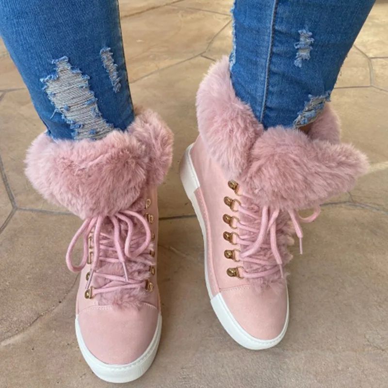 Lace up Boots Cute Thick Sole Heighten Non Slip Snow Shoes Fall Winter Keep Warm Plush Lined Furry Ankle Boots Outdoor Walking Flat Shoes Pink - Shop at LoveMi