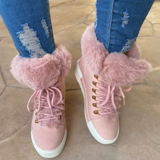 Lace up Boots Cute Thick Sole Heighten Non Slip Snow Shoes Fall Winter Keep Warm Plush Lined Furry Ankle Boots Outdoor Walking Flat Shoes Pink - Shop at LoveMi