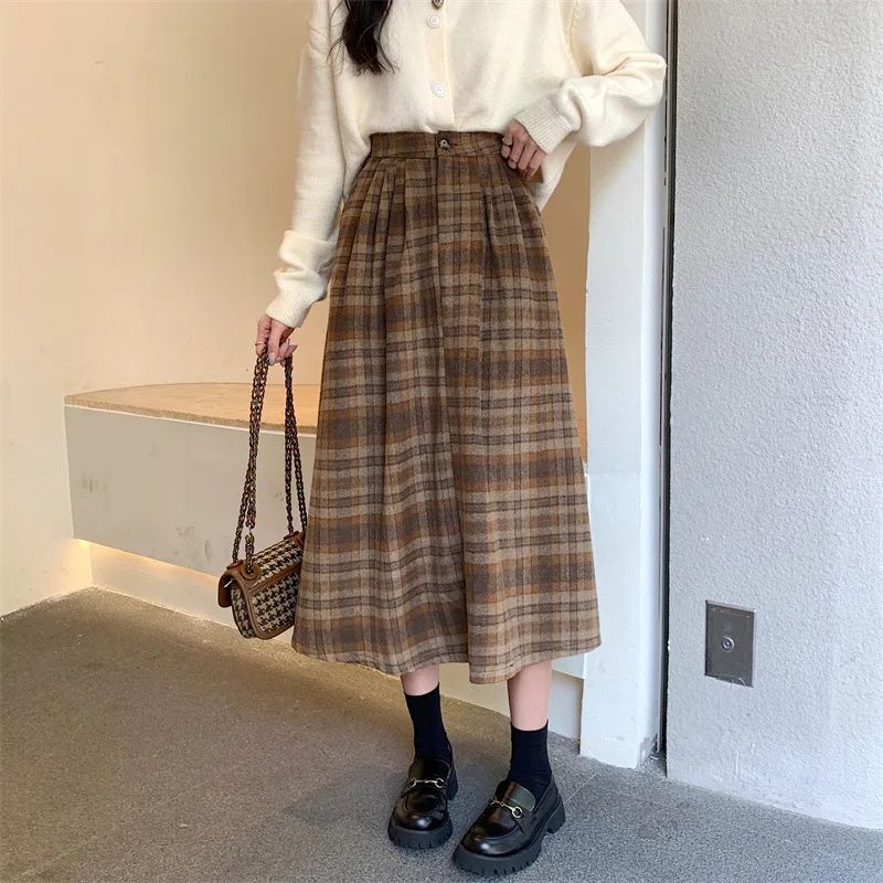 Winter High grade Coffee Color Plaid Skirt For Women Brown - Shop at LoveMi