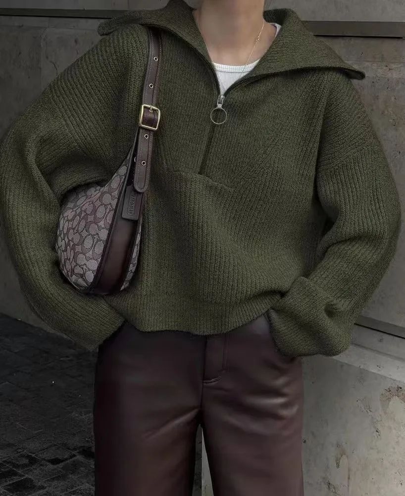 Women's Fashionable Retro Loose V neck Pullover Sweater Olive - Shop at LoveMi