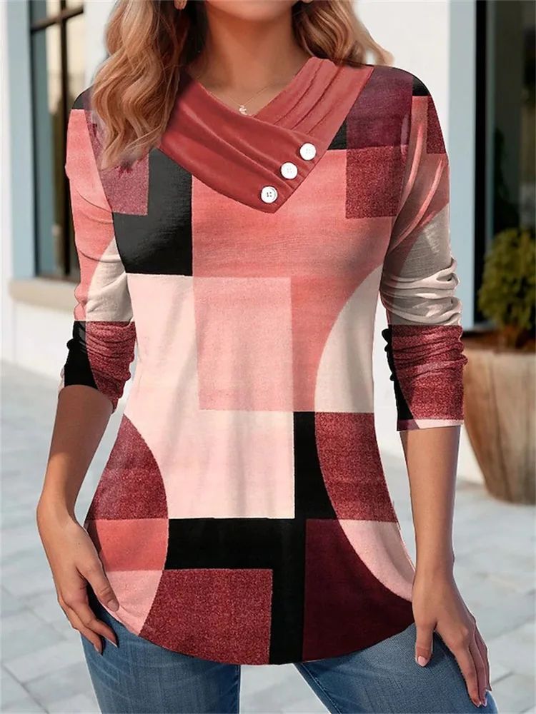 Women's Geometric Stitching Contrast Color V neck Top Style 5 Xxl - Shop at LoveMi