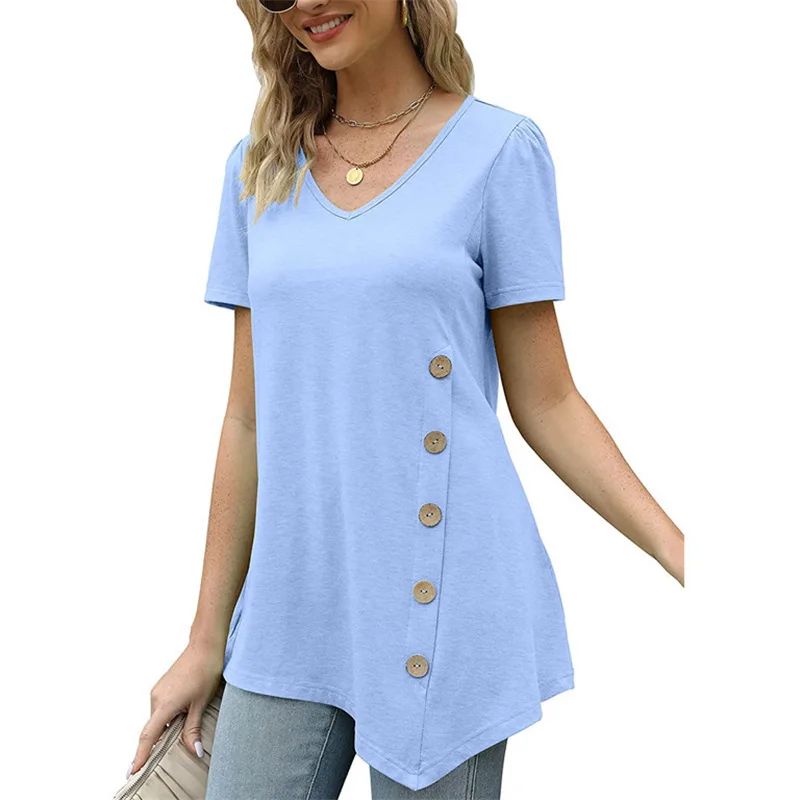 Women's Summer Top Casual Short Sleeve V neck Loose Casual T shirt Blue - Shop at LoveMi