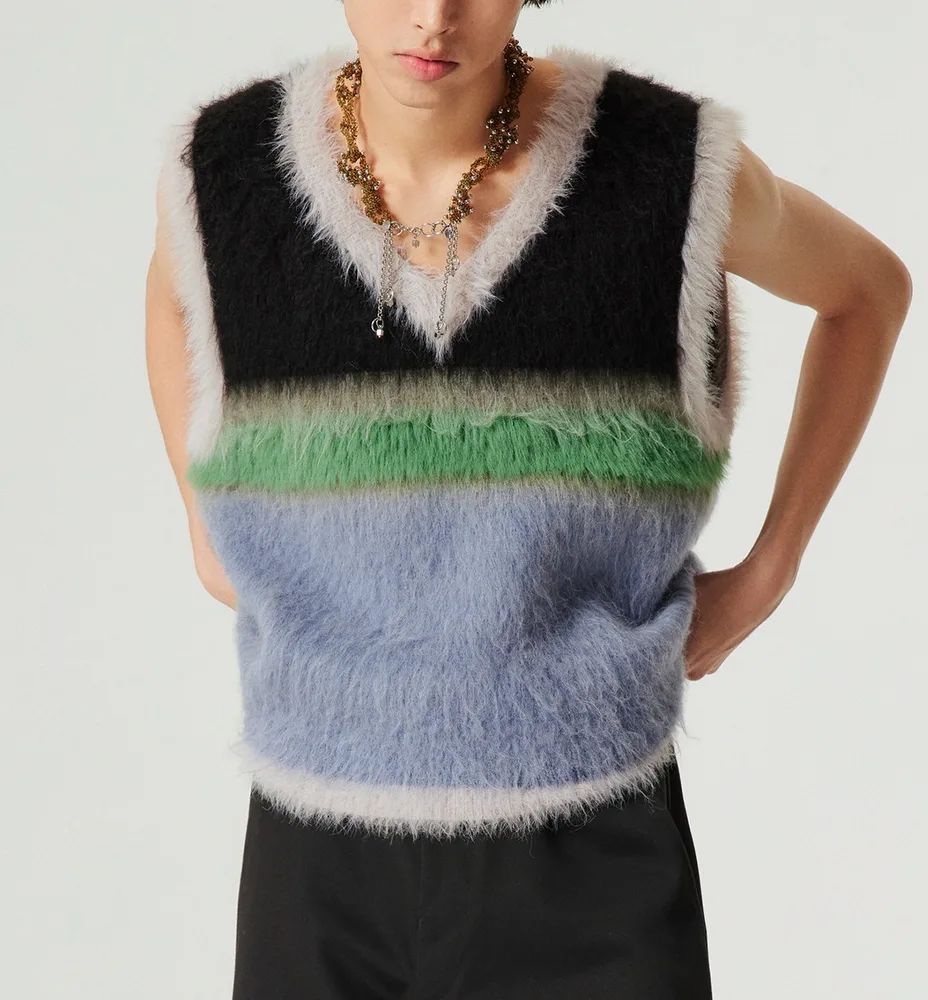 Wool Blended Long Velvet Wool Contrast Color Striped Knitted V neck Vest Sweater Black - Shop at LoveMi