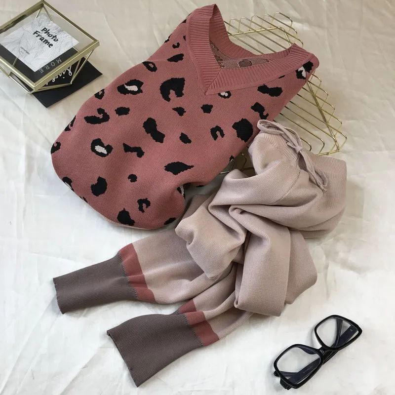 Ins Western Style V neck Leopard Print Loose Sweater Feet Trousers With An Elasticated Waist Suit Pink - Shop at LoveMi