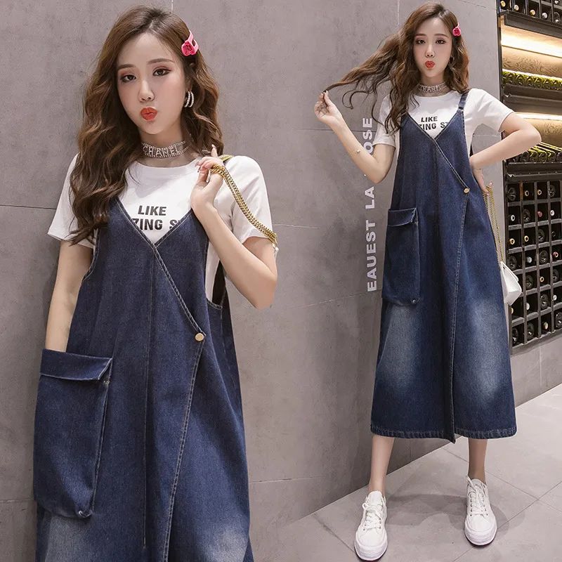 Korean Style Loose Casual Denim Suspender Skirt Mid length Blue - Shop at LoveMi