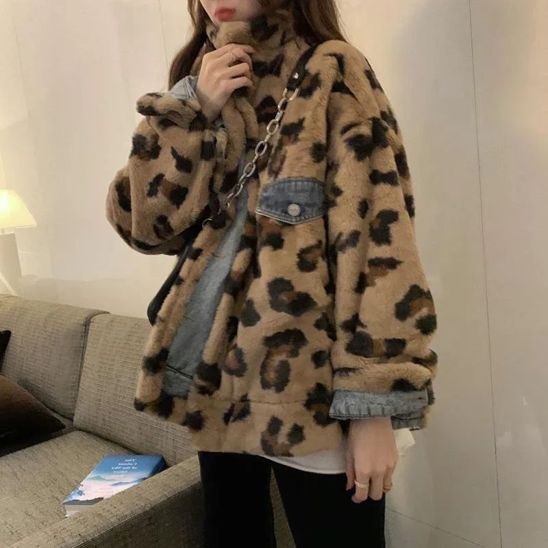 Double sided Lamb Wool Coat Winter Denim Cotton Coat Ins Leopard Print - Shop at LoveMi