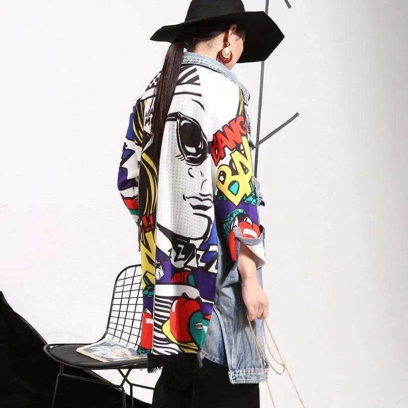 Women's Denim Trench Coat Fashion Image Drawing Creative Light Blue - Shop at LoveMi