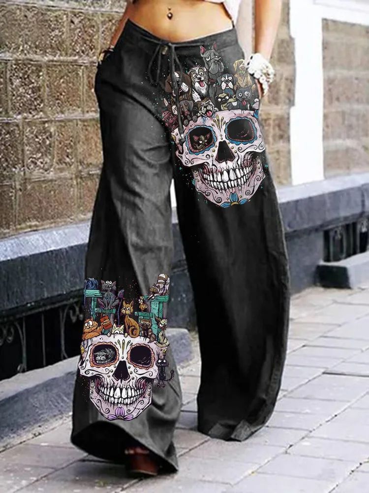 Summer Dark Rock Style Straight High Waist 3D Skull Overalls 2 Colors - Shop at LoveMi