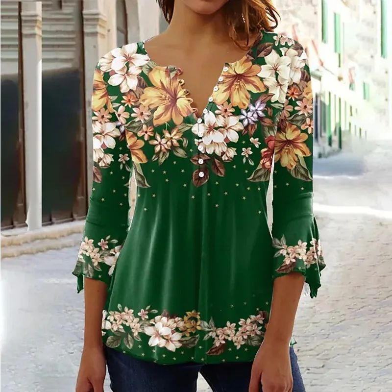 Fashion Flower Printed V neck Three quarter length sleeved T shirt Element 10 Xl - Shop at LoveMi