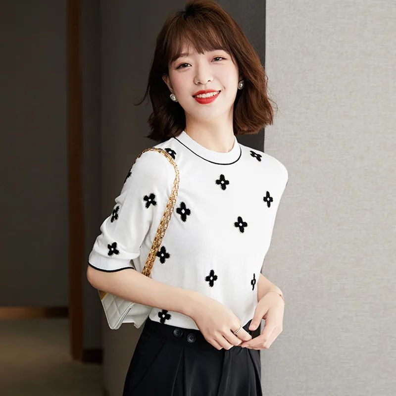 Women's Summer Fashion Thin Round Neck Embroidered Short Sleeve T shirt Top Red - Shop at LoveMi