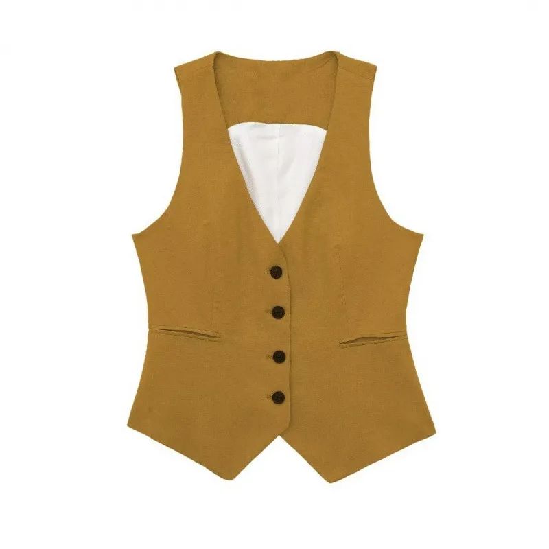 European And American Style Women's Multi color Linen Vest Coat Trousers 8946 Vest Turmeric - Shop at LoveMi