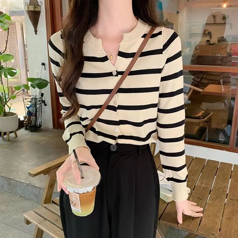 Striped Soft Glutinous Knitted Design Sense Sweet Short Sweater Cardigan Coat Black Stripe - Shop at LoveMi