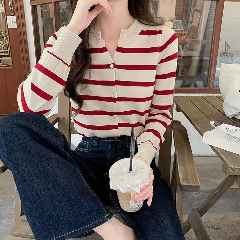 Striped Soft Glutinous Knitted Design Sense Sweet Short Sweater Cardigan Coat Red Stripe - Shop at LoveMi