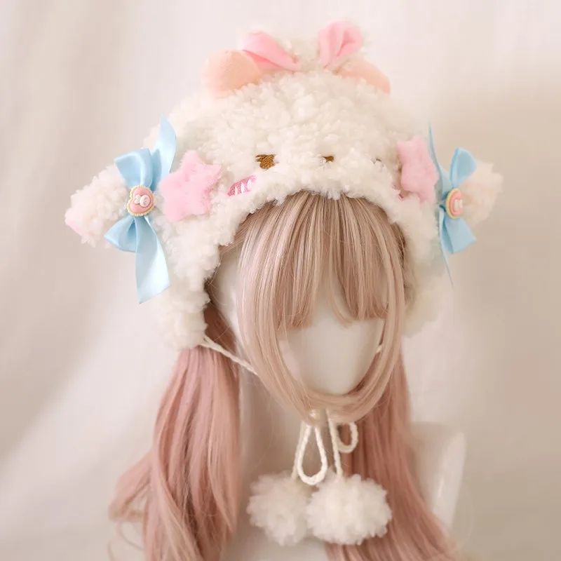 Cute Lamb Ears Earmuffs Hat Lambswool Bucket Hat Blue Bow - Shop at LoveMi