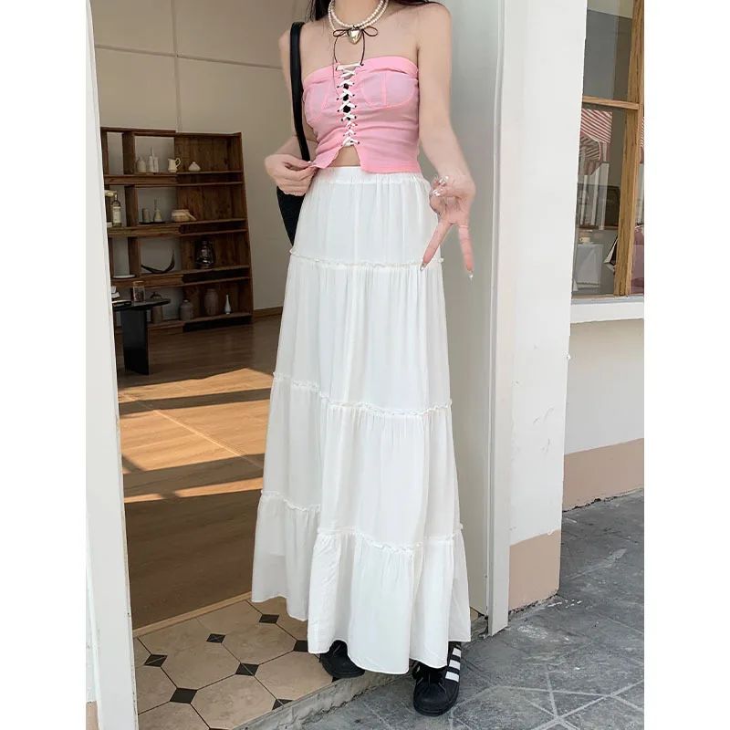 Women's Summer High Waist Elastic Waist Pleated Casual Mid length Skirt White - Shop at LoveMi