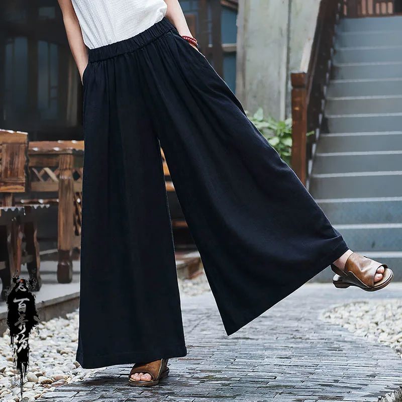 Linen Slim looking Stone Washed Trousers Yoga Travel Culottes Blackish - Shop at LoveMi