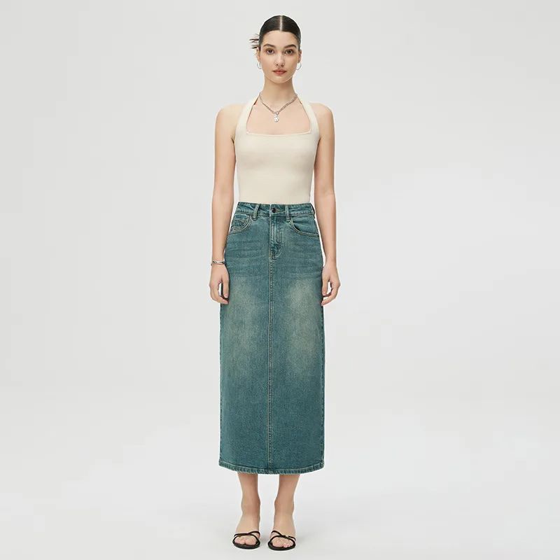 Women's Fashion Retro Slit Denim Skirt Dark Green - Shop at LoveMi