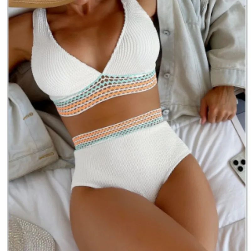 High Waist Split Bikini Solid Color White - Shop at LoveMi
