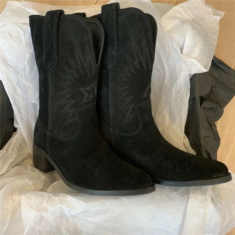 V shaped Mid calf Pointed Slip on Suede Fashion Boots Black - Shop at LoveMi