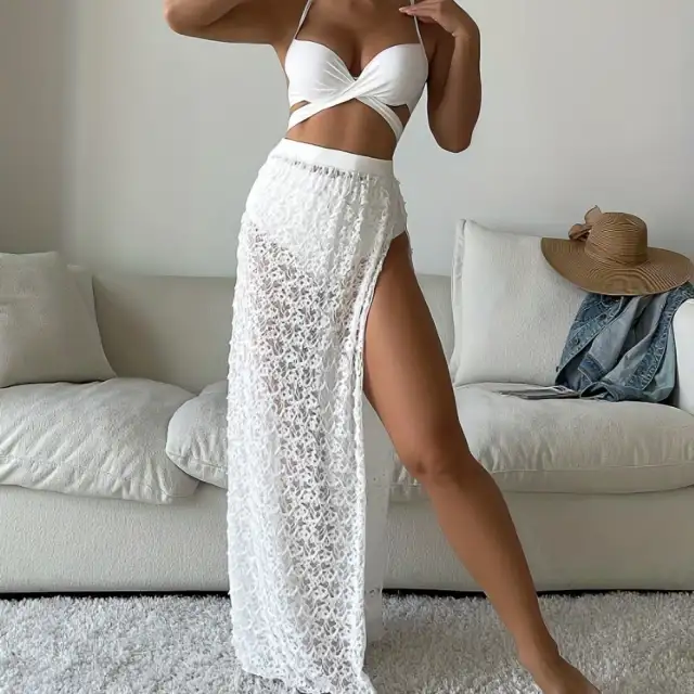 Swimsuit Elegant Gathered Long Skirt Bikini Three Pieces White - Shop at LoveMi