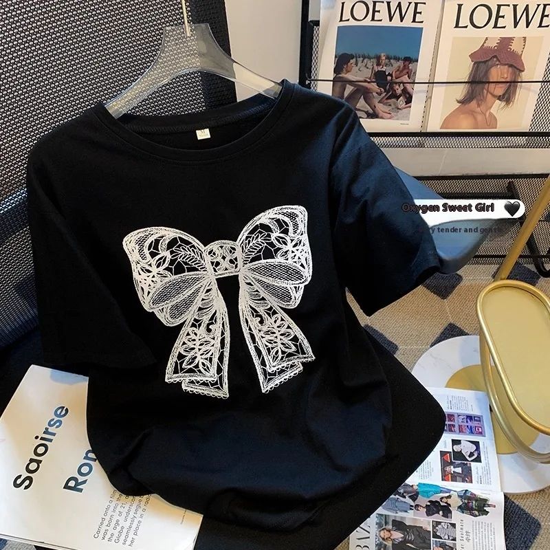New Women's Fashion Bowknot Printed Short sleeved T shirt Black - Shop at LoveMi