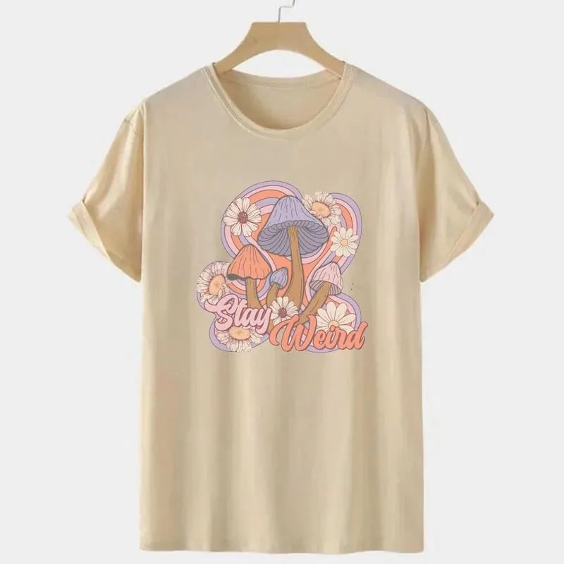 Spring Printed Mushroom Pattern Round Neck Top Short Sleeve Khaki - Shop at LoveMi