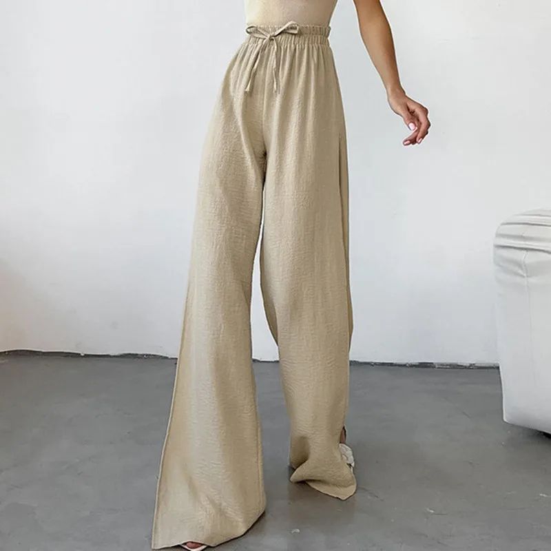 Khaki Bubble Crepe Split Wide leg Pants Khaki - Shop at LoveMi