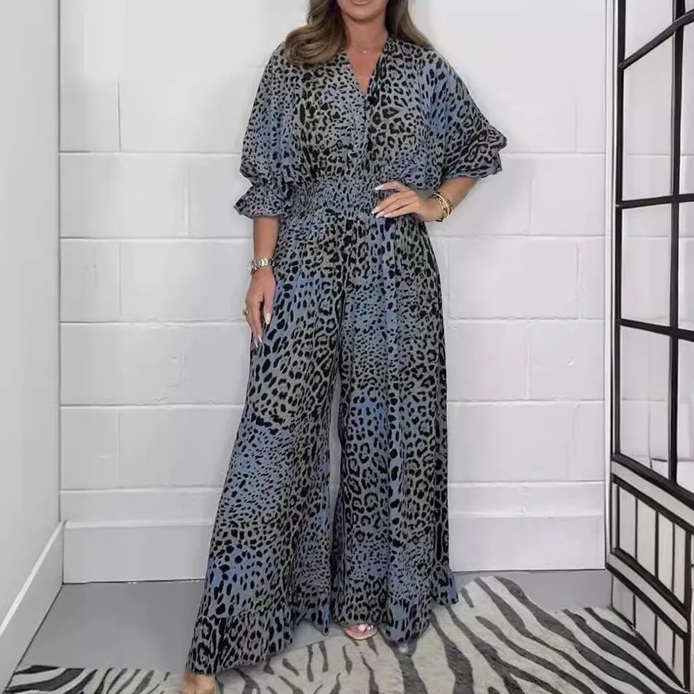Women's Fashion Leopard Print Casual Jumpsuit Blue - Shop at LoveMi