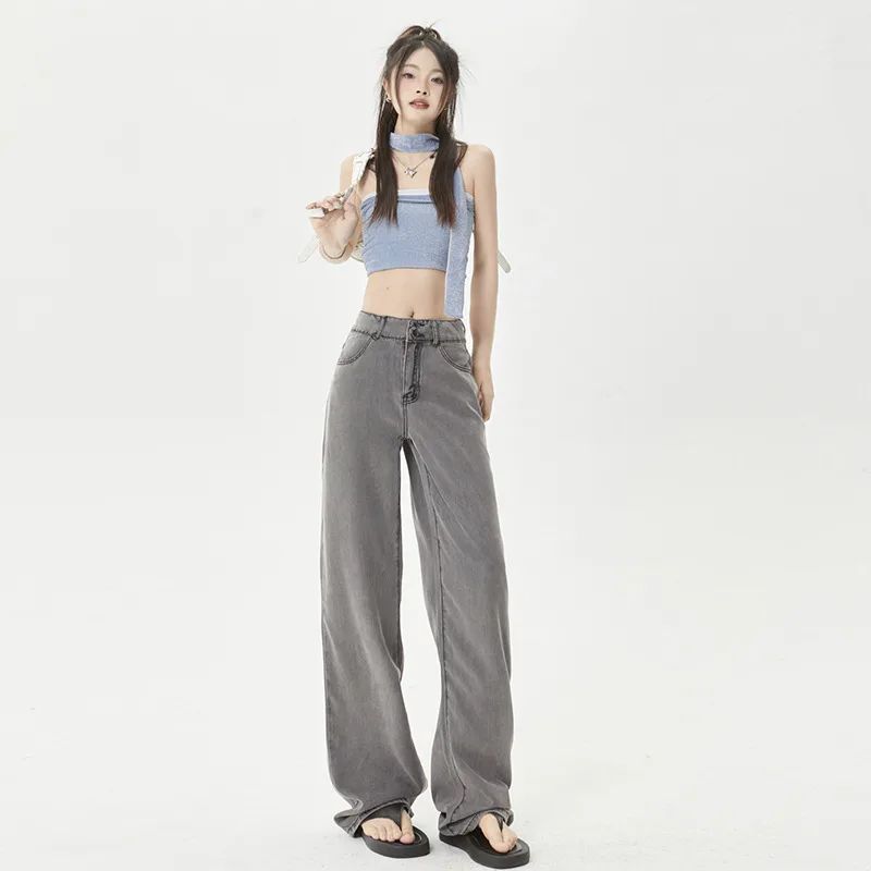Ice Silk Thin Jeans Women's Comfortable Wide leg Pants Black Gray Lengthening - Shop at LoveMi