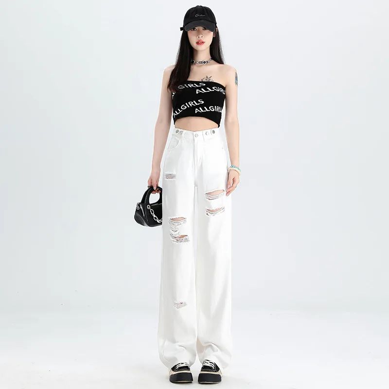 New Slimming High Waist Denim Pants All matching Slim Fit Straight White Cropped Pants - Shop at LoveMi