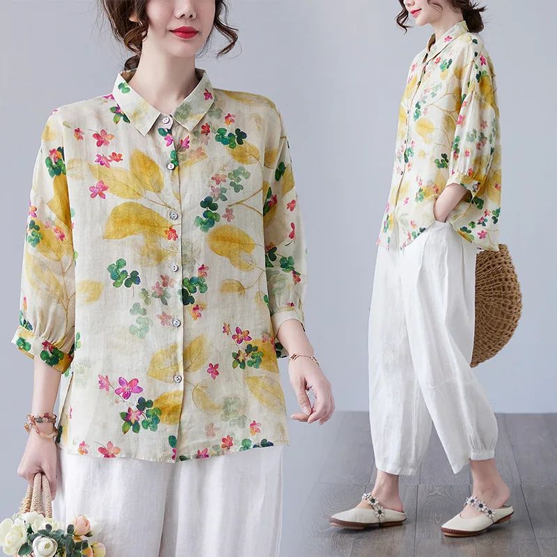 Women's Loose Retro Western Style Elegant Floral Cotton And Linen Shirt - Shop at LoveMi