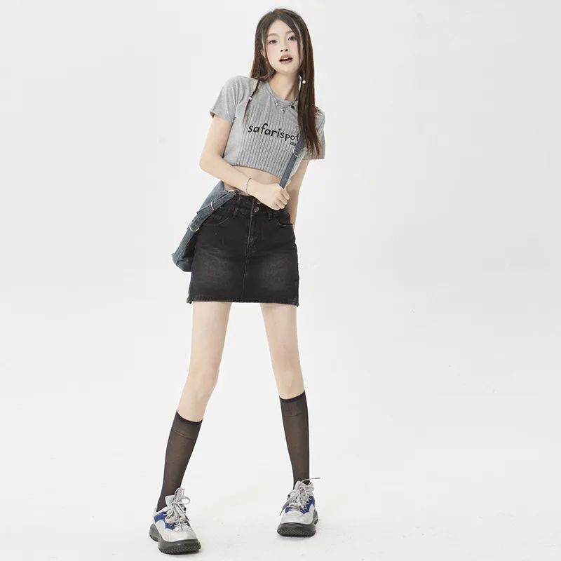 Casual Loose Split Denim Skirt High Waist Hip wrapped Skirt Black - Shop at LoveMi