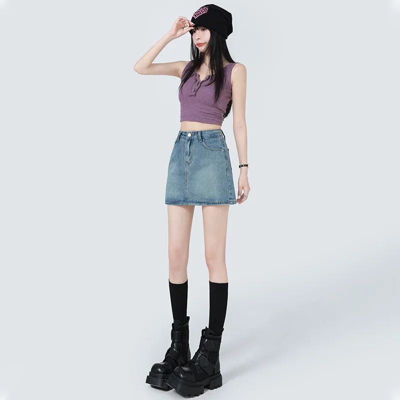 Summer Denim Skirt Lining High Waist A Line Skirt Blue - Shop at LoveMi