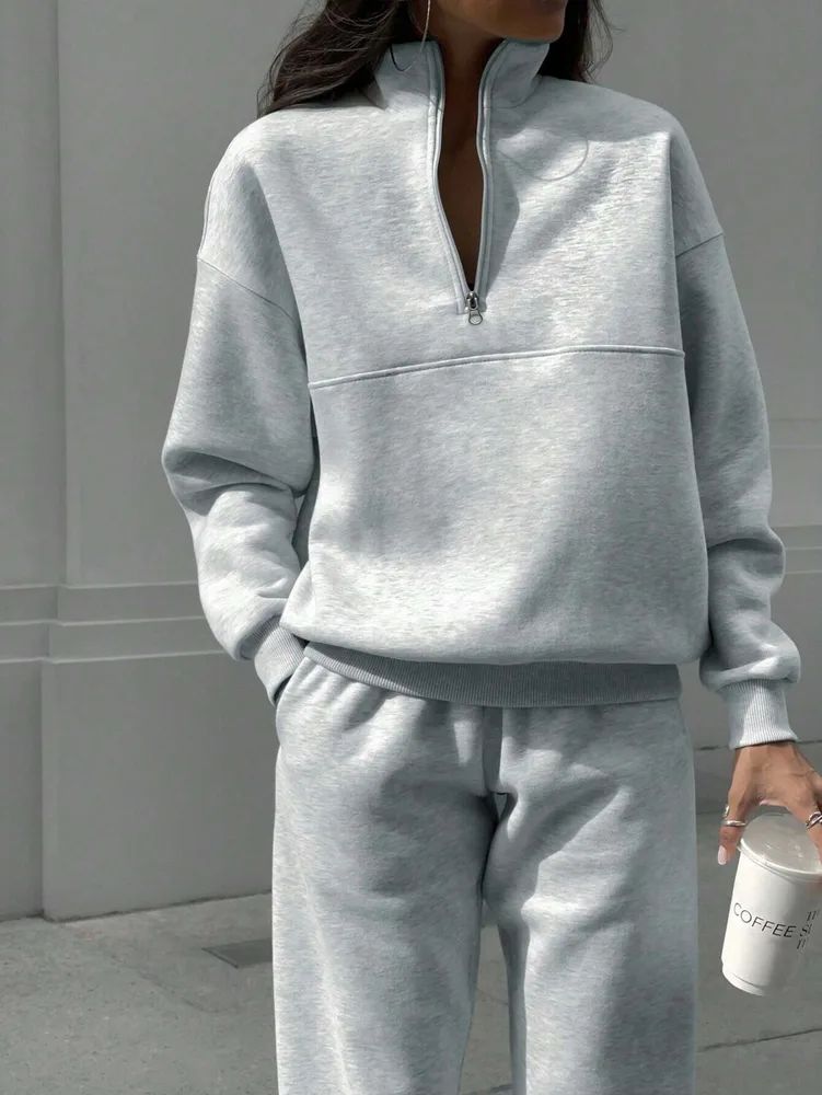Long sleeved Sports Sweatshirt Suit Fashion Stand up Collar Zip up Top And Elastic Band Trousers With Pocket Srping Fall Clothing For Women Light... Light Gray - Shop at LoveMi