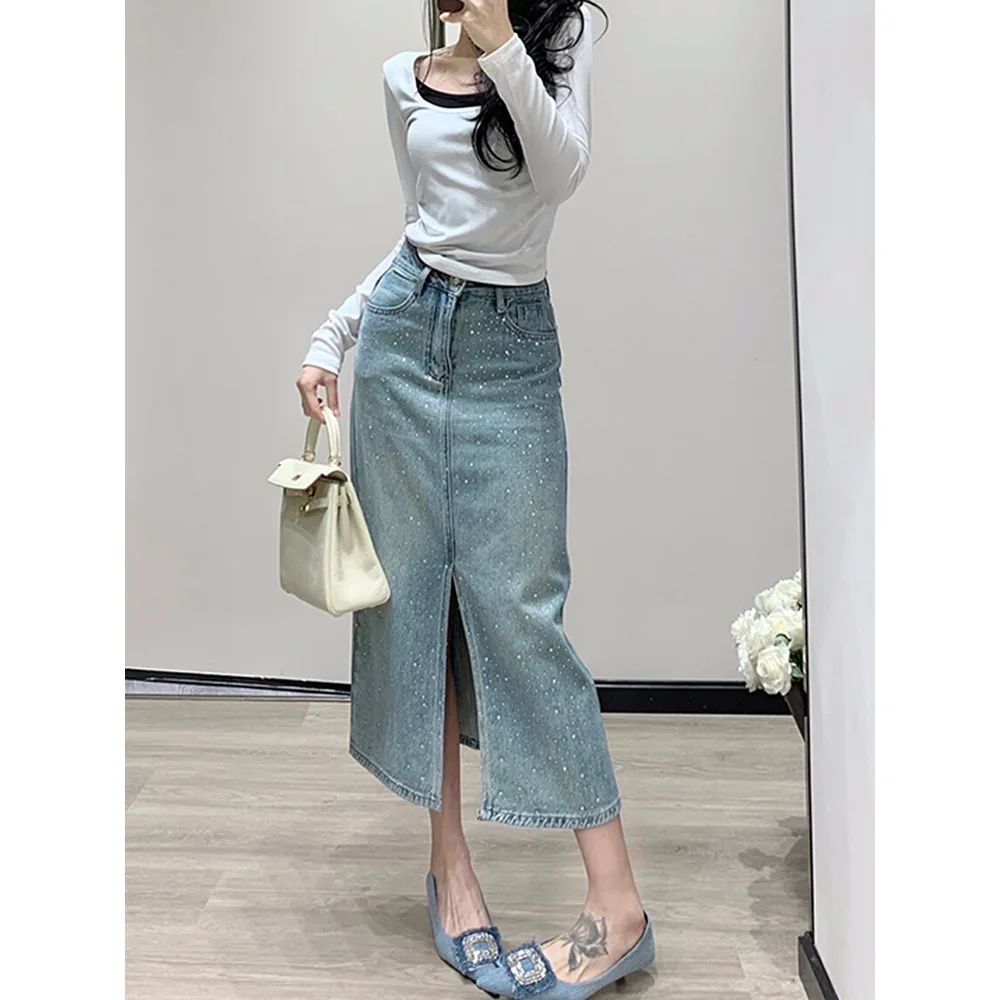 Women's Minimalist Hot Stamping Elastic Denim Skirt Light Blue - Shop at LoveMi