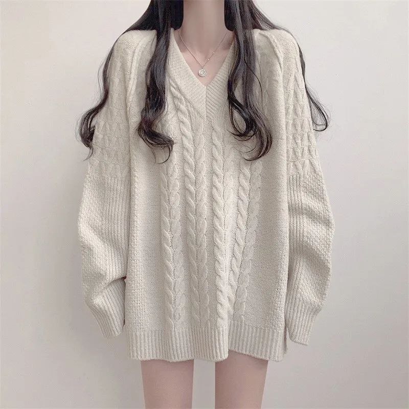 Mid length Cable knit Pullover Sweater Women's Sweater White - Shop at LoveMi