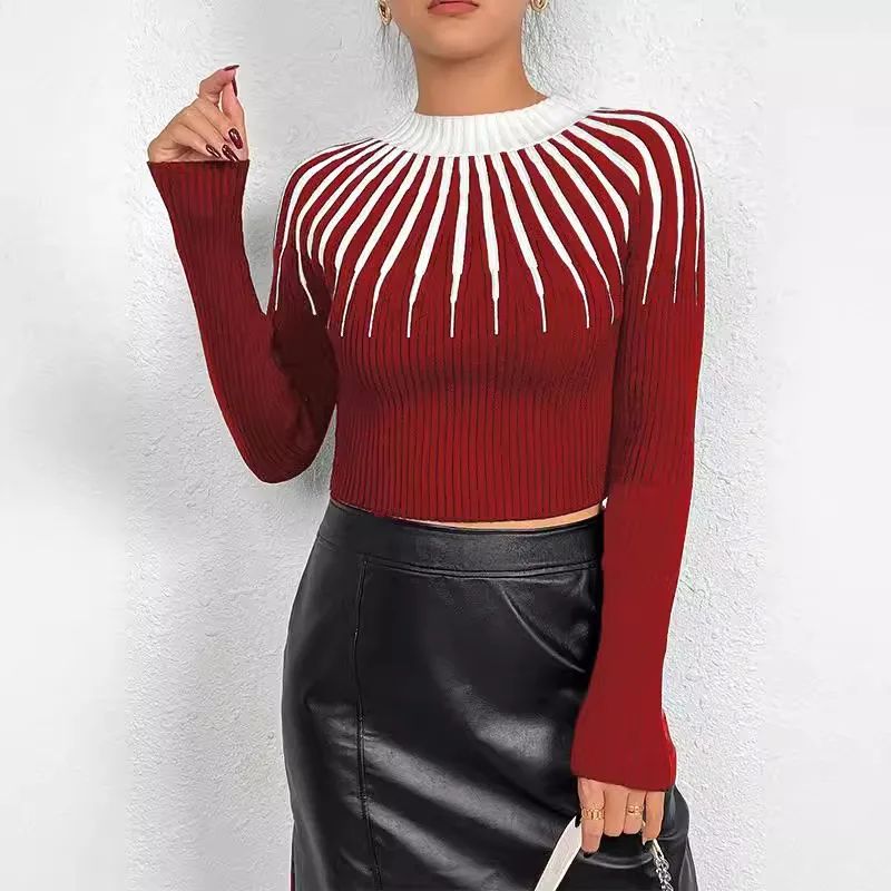 European And American Classic Striped Threaded Neckline Pullover Sweater Red - Shop at LoveMi