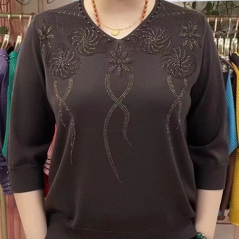 Fashion Ice Silk Sweater Three quarter Sleeve Pullover Top For Women Brown - Shop at LoveMi
